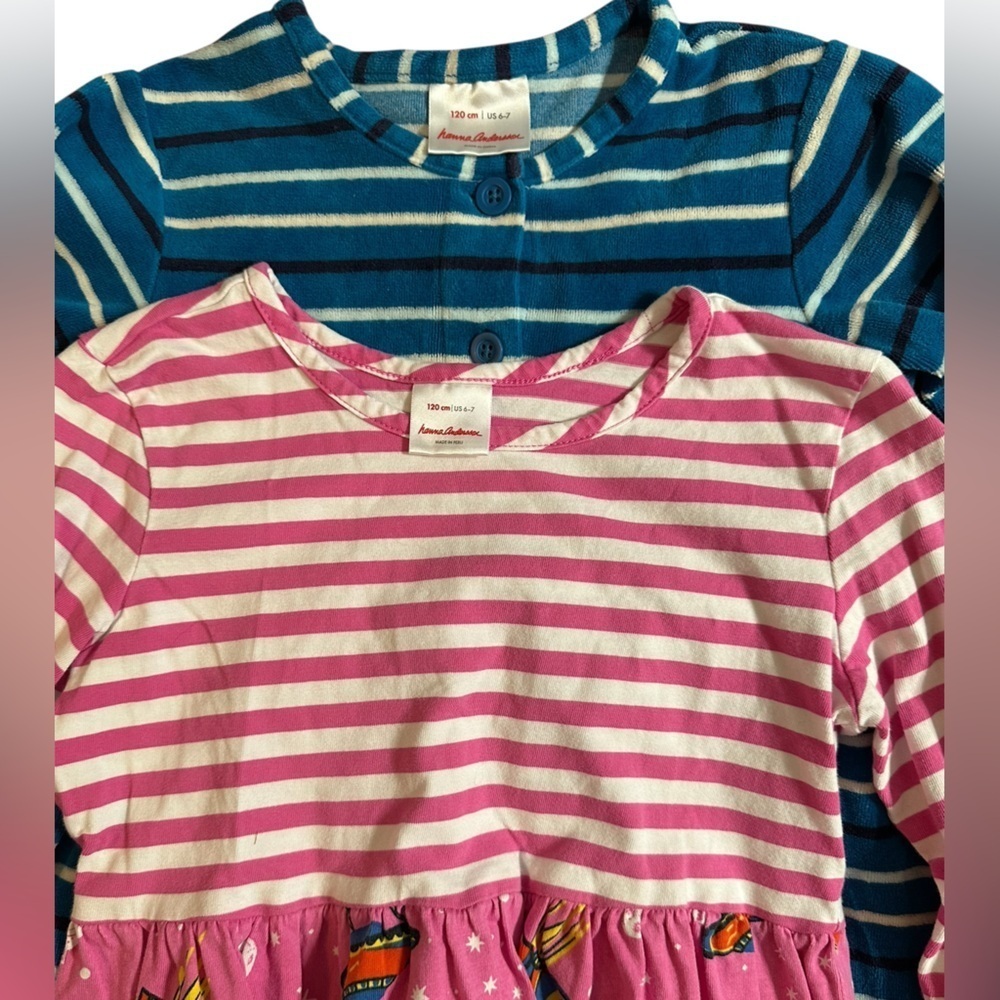 2 Hanna Andersson Pink Stripe/ Space Print & Blue White Stripe Velour Dresses